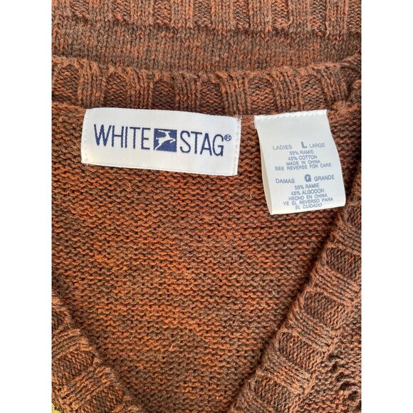 Sweater Vest With Folk Art Embroidery Size Large Brown Ramie/Cotton Blend V-Neck - Picture 5 of 15